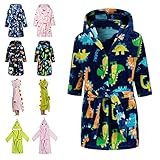 Lodunsyr Bademantel Kinder mit Kapuze für Jungen Mädchen Bademäntel Morgenmantel kuschelig warmen und weichen Pyjamas Kleinkind Coral Fleece Hoodie Roben Blau Dinosaurier 2-9 J