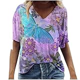 Women's Tops Short Sleeve 3D Printed T Shirts V Neck Casual Blouses Soft Tee Tunic Tops Loose Fit Athletic Sweatshirts Workout T Shirts Blouses Activewear Tunics Pullover Tees(Pink,M)