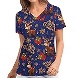 LuckyLucy Christmas Schlupfkasack Kasack Bunt Damen Pflege Krankenschwester Schlupfhemd Uniform mit Motiv V-Ausschnitt Kurzarm Top Bluse Kosmetikerin Schönheitssalon Nurse Berufsbekleidung