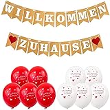 Akrcheft Willkommen Zuhause Banner, Herzlich Girlande für Familie Party Welcome Home Banner, mit 19 STK Wimpeln, und 8 Luftballons, für Hochzeit, Fest, Weinachten und Vintage Dek