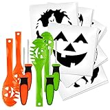 com-four® 4x hochwertiges Set zum Aushöhlen von Kürbissen mit Kürbislöffel und gruseligen Schnitz-Vorlagen für Halloween (04 Stück - Löffel mit Vorlagen)