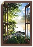 Artland Wandbild selbstklebend Vinylfolie 70x100 cm Fensterblick Fenster Landschaft Wald Natur See Angelsteg Sonne Frühling T1DZ