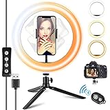 DIWUER LED Ringlicht, Ringlicht mit Stativ/Fernbedienung/Handyhalterung 3 Beleuchtungsmodi und 10 Helligkeitsstufen, Ringleuchte Für Live Vlog Make-up Tiktok YouTube Kompatibel mit iPhone/