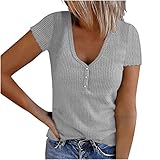 Masrin Gerippte Oberteile für Frauen Kurzärmliges Tshirt Lässige einfarbige Strickhemden Bluse mit V Ausschnitt und Knöpfen Kurzarm T Shirts Basic Shirt Sommertops Schmal geschnittene Tunika Top