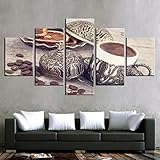 HFSEY Bilder 150X80Cm Vlies Leinwandbild 5 TLG - Kaffeebohne und Kaffeetasse - Kunstdruck Modern Wandbilder XXL Wanddekor Design Wand Bild - Kunstdruck XXL 5 Teilig