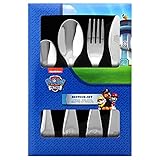 P:os 29991 - Besteckset mit Paw Patrol Prägung, 4 teiliges Kinderbesteck aus rostfreiem Edelstahl, spülmaschinengeeignet, bestehend aus Messer, Gabel, großem und kleinem Lö