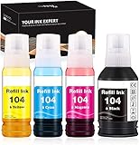 IUBEST 104 Tinte kompatibel für Epson 104 EcoTank Tintenflasche für Epson EcoTank ET-2710 ET-2711 ET-2712 ET-2714 ET-2715 ET-2720 ET-2726 ET-4700, Multipack (Schwarz, Cyan, Magenta, Gelb)