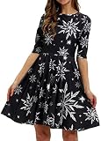 EUDOLAH Damen Weihnachtskleid mit 3D Druck Faltenkleid Weihnachten Kostüm A-Linie Partykleid Schwarz/Schneeflocke S