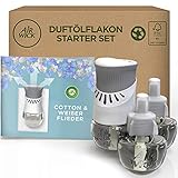 Air Wick Duftölflakon Starter Set - 1 Duftstecker mit 3 Nachfüllern - Frischer Raumduft mit ätherischen Ölen - Duft: Cotton & Weißer Flieder - 3 x 19 ml Öl + Gerät in Weiß