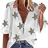 Komiseup Bluse Damen Half-Zip Langarm V-Ausschnitt Blumenmuster T-Shirt Mode Langarmshirt mit Sternenprint Grafische Laternenärmel Lose Casual Top S