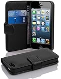 Cadorabo Hülle für Apple iPhone 5 / iPhone 5S / iPhone SE in Oxid SCHWARZ – Handyhülle aus Strukturiertem Kunstleder mit Standfunktion und Kartenfach – Case Cover Schutzhülle E