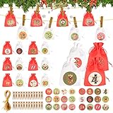 Gxhong Adventskalender zum Befüllen,24 Adventskalender Stoffbeutel Weihnachtskalender Tüten Säckchen zum befüllen Jutesäckchen,mit 24 Zahlen Aufkleber,10 m Juteschnur,24 Wäscheklammer,für DIY Handwerk