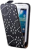 iCues Samsung Galaxy S4 MINI |  Glitzer Klapp Tasche Schwarz | [Display Schutzfolie Inklusive] Strass Glitzer Glitter Luxus Bling Damen Frauen Mädchen Leder - Imitat Book Klapphülle Schutz Etui Handytasche zum aufklappen Flip Case Schutzhülle Booklet Hülle W