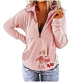 Komiseup 1/4 Zip Up Pullover Weihnachtspullover Damen Revers V-Ausschnitt Langarm Weihnachtsrentier Motiv Oberteile Damen Sweatshirt Winter Christmas Pullis Dü