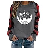 Kobay Women's Langarm Herbst Winter Casual Mantel Oberteile Elegant Langarmshirt Frauen Plaid Patchwork Weihnachtsdruck Rundhals Langarm T-Shirt Top(Weiß, M) 143