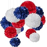 MAKFORT 15er Set Pompoms Deko Bunt Seidenpapier Pompons für Hochzeit, Geburtstag, Party Blau Rot Weiß