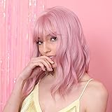 HAIRCUBE Kurze lockige Perücken für Frauen Hochwertige synthetische rosa geliebte Perück