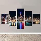 UIOJH Bilder Stadt 100x55 cm 5 Teilig Leinwandbilder Bild auf Leinwand Vlies Wandbild Kunstdruck Wanddeko Wand Wohnzimmer Wanddekoration Deko Skyline-Nacht von New York City