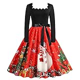 Damen A-Linie Kleid Weihnachten Vintage Kleid Womens Party Swing Kleid Partykleid Cosplay Frauen Langarm 50er Kleid Christmas Kostü