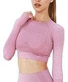 Yaavii Damen Sport Laufshirt Longsleeve T-Shirts Bauchfrei Langarm Crop Top Fitness Oberteile Rosa S