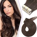 Silk-co Tape Extensions Echthaar 20Pcs Mini Tape in Extensions Echthaar 02# Dunkelbraun Weich Glatt Haarverlängerung 7A Remy Haare 45cm-50g