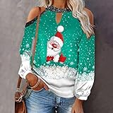 Hekbaep Damen Lässiges Schulterfreies Neckholder Süßer Pullover Weihnachts Langarm Lustiger Weihnachtsmann Drucken Elegant Weihnachten Oberteil Tunika Mit V Ausschnitt Langarmshirts (Grün, L)