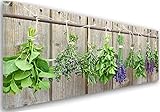 Feeby Frames, Leinwandbild, Bilder, Wand Bild, Wandbilder, Kunstdruck 25x70cm, KRÄUTER, Pflanzen, BRETTER, GRÜN, VIOLETT
