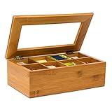Relaxdays Teebox aus Bambus H x B x T: ca. 9 x 28 x 16 cm Teekasten mit 8 Fächern Teebeutelbox aus Holz mit Deckel samt Sichtluke Teekiste zum Bewahren des Aromas für intensiven Teegenuss,
