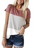 Breampot Damen Sommer T-Shirt Casual Streifen Patchwork Kurzarm Oberteil Tops Bluse Shirt (Large, rosa)