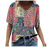 Damen Mode Bunt T-Shirt Damen Lose V Ausschnitt Kurzarm Kurzarm Sommer Oberteile Basic Shirt Freizeit T-Shirts Bluse Damen Lose Bluse Frauen Tunika Blusen Oberteile Bedrucktes Oberteil Top