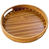 Dekoratives Rattan-Tablett mit Naturholz – Couchtisch / Ottomane Tablett – Eitelkeit Tablett – Obstkorb – Serviertablett (35,6 cm)