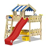 WICKEY Etagenbett CrAzY Circus Kinderbett Hochbett mit Rutsche, Dach und Lattenboden, blaue Plane + rote Rutsche, 90x200
