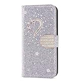 Schutzhülle für iPhone 13, Glitzer-Diamanten, Herz, Glitzer, Brieftasche, Klapphülle, PU-Leder, Standfunktion, Magnetverschluss, Kartenfächer, Stoßfest, Schutzhülle für iPhone 13, Silb