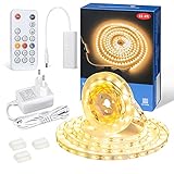 WOBANE LED Strip Warmweiss Dimmbar,LED Streifen 5m mit RF Fernbedienung,Superhell 3000K LED Band für Küche,Unterschrank,Schlafzimmer Deko,300 LEDs,12V Flexibel LED Lichtleiste mit Timing Modus,2 polig