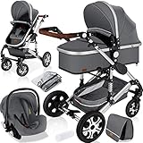 KESSER® Loops 3 in 1 Kinderwagen Kombikinderwagen komplettset incl. Babywanne & Buggy Sportsitz & Auto-Babyschale - Voll-Gummireifen - Wickeltasche/Regenschutz/Kindertisch Set Grau/Silb