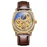 LTLJX Herrenuhren Automatische Mechanische Skelettuhren Herren Lederarmband Florenz Relief wasserdichte Datums Zifferblatt Business Uhr Für Geschenke,B
