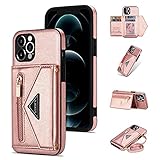 Handykette Handyhülle kompatibel mit Apple iPhone 7 Plus/8 Plus Hülle PU Leder Flip Wallet Handytasche TPU Bumper Schutzhülle mit Reißverschluss Kartenfach Ständer mit Kordel Kette Cover(Roségold)