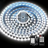 LED Strip 5M Kaltweiß, KWODE Streifen mit Fernbedienung, 6000K Dimmbar Led Lichtband Selbstklebend, Led Band mit 12V Netzteil für Küchen, Wohnmobil, Innen Hintergrund, Indirekte Beleuchtung