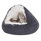 Höhle mit Kapuze, Plüsch, Donut-Haustierbett, für Hunde und Katzen, rund, warm, kuschelig, weiches Sofa, Katzenkissen, Schlafsack, rutschfeste Unterseite, maschinenwaschbar (dunkelgrau)