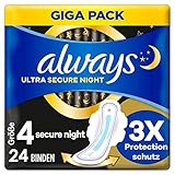 Always Ultra Binden Damen Gr. 4, Secure Night (24 Damenbinden mit Flügeln) Big Pack, dünn und super saugfähig, g