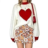 L-ELEGANT Fallen Gerippte Streetwear Sweatshirt für Mädchen,Einfach Gestrickte Jumper Top Langarm Rundhals Pullover,Damen Herzen Sweater-Liebesmuster S