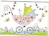 Glückwunschkarte zur Geburt - hochwertige Umschlag-Karte von Turnowsky, Herzlich Willkommen -Rosa Kinderwag
