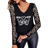 Trendige Oberteile Damen Modisches T Shirt mit fünfzackigem Stern Motiv und heißem Bohren Sexy Pailletten Pullover Schulterfreie Sling Shirts Durchsichtige Tunika Bluse mit Langen Ä