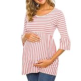 Doublehero Damen Schwanger Oberteile 3/4 Ärmel Umstandsshirts Streifen Lose Umstandstops Mama Kleidung Umstandstunika Schwanger T-Shirt Tops Schwangerschafts Umstandsmode (M, Rosa)