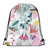 Klassische Tasche mit Kordelzug, flach, rosa Papageien und exotische Blumen, Turnbeutel, Schultertasche, Sport, Aufbewahrungstasche für Damen und H