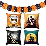 Homo Trends Halloween-Dekorationen, 4 x Halloween-Kissenbezüge (45 x 45 cm) und 1 x 3 m Halloween-Kürbis-Blumen-Banner (orange + schwarz) für gruselige Nachtdek