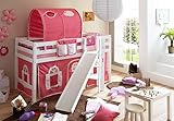 Hochbett mit Rutsche Podestbett Tino Buche massiv Weiss teilbar mit Farbauswahl, Vorhangstoff:Rosa W