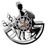 YYNNL Friseur Schallplatte Wanduhr Friseursalon Haarwerkzeuge LED-Beleuchtung Schwarze Uhr 3D-Dekor für Friseur Schö