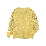 Damen Pullover mit langen Ärmeln Rundhals-Spitze häkeln beiläufiger Strickpullover Herbst Winter Solide Aushöhlen Bequeme Pullover Tops Pulli (L,Gelb)