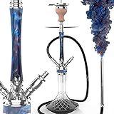 Biguy® Premium Shisha Set 71CM Hookah Rauchsäule Aus Epoxidharz | 4 Alu-Anschlüssen und 1 Schläuchen & mundstück Kaminkopf Komplettset | 18/8 Schliff Edelstahl Tauchrohr Base Close Chamber Silb